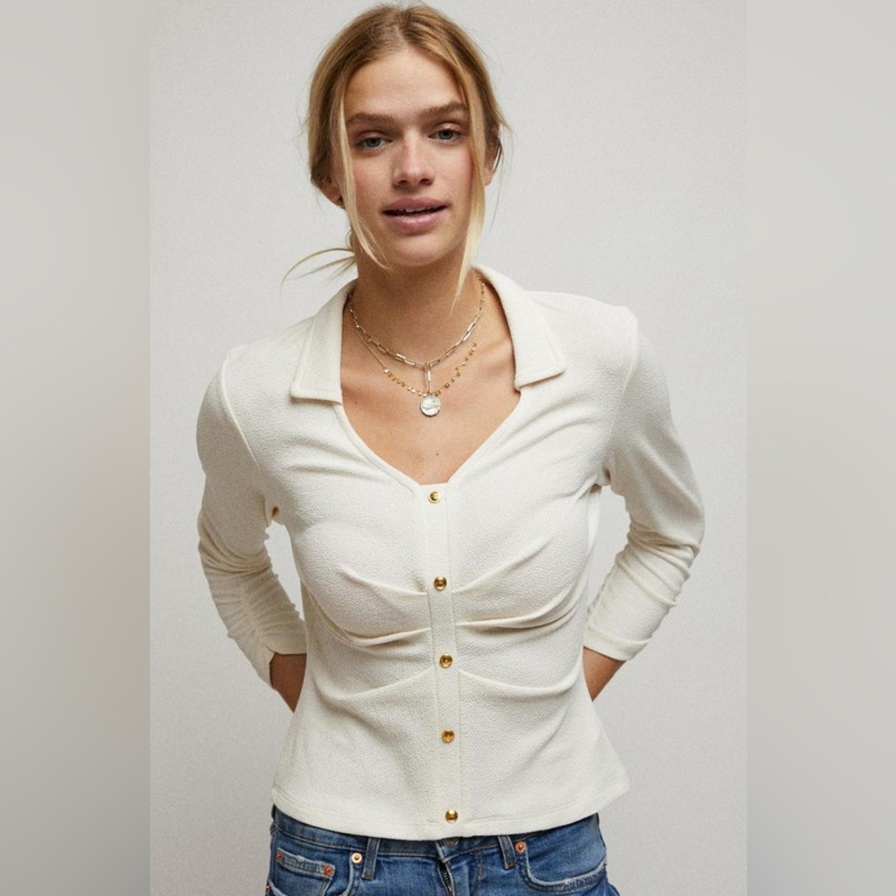 Ivory white cinched gold button ruched collar tunic top boho bohemian blouse